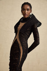A black structured maxi dress with a fishtail hem and split detail named Inès