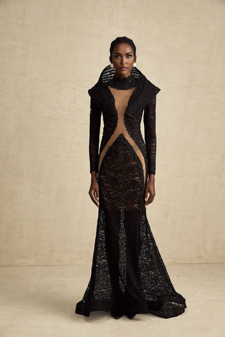 A black structured maxi dress with a fishtail silhouette and split detail named Inès
