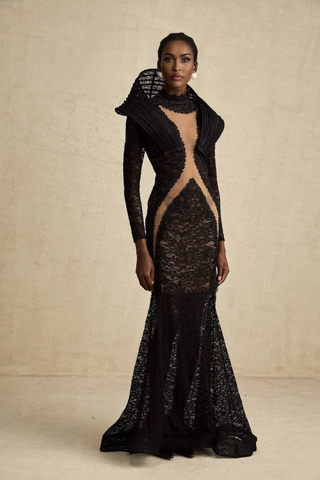 A black structured maxi dress with a fishtail silhouette and split detail named Inès