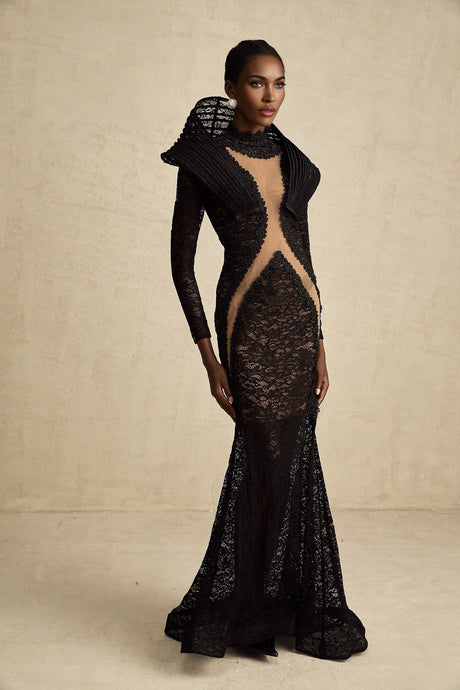 A black structured maxi dress with a fishtail silhouette and split detail named Inès