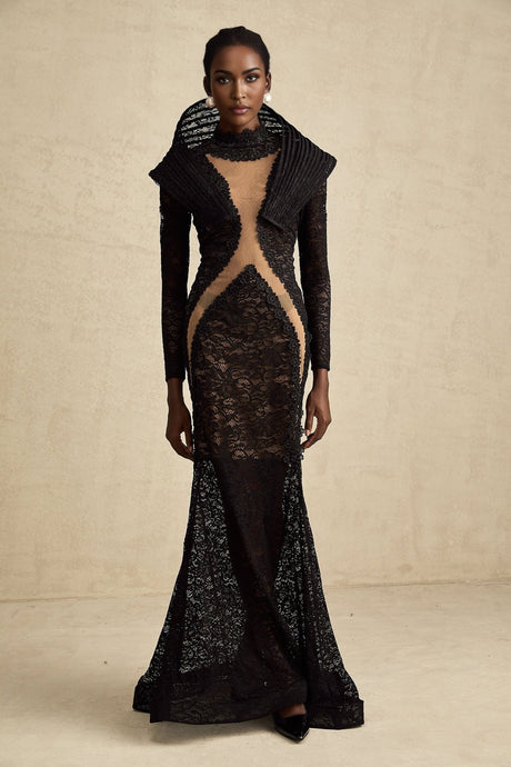A black structured maxi dress with a fishtail silhouette and split detail named Inès