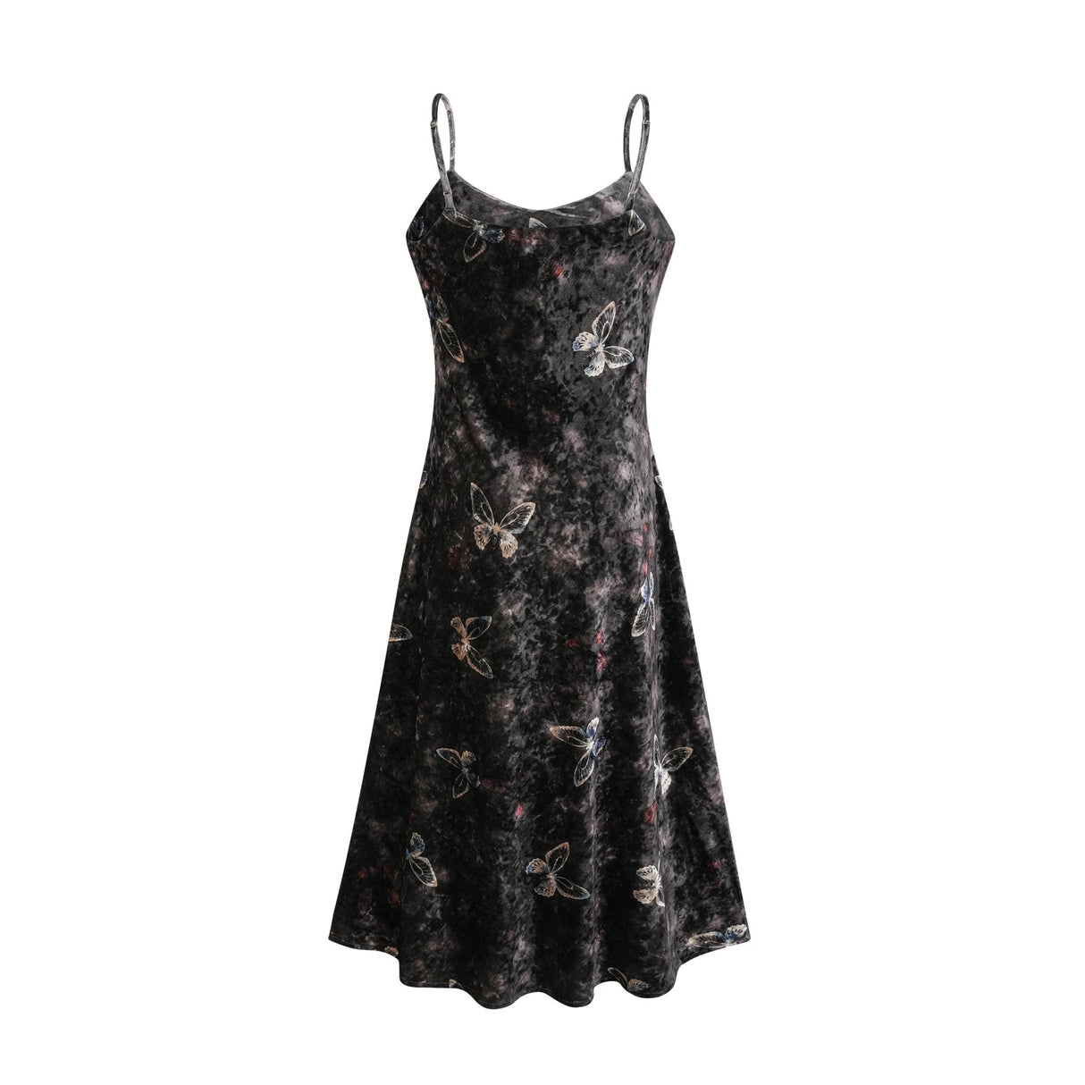 A black velvet midi dress with a butterfly print pattern featuring a fitted bodice and flared skirt