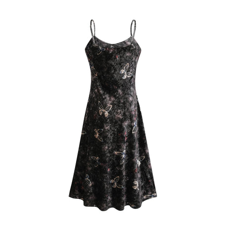 A black velvet midi dress with a butterfly print pattern featuring a fitted bodice and flared skirt
