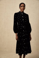 A black velvet midi dress with embellishments named Lola