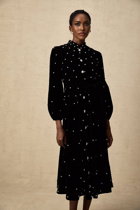 A black velvet midi dress with embellishments named Lola