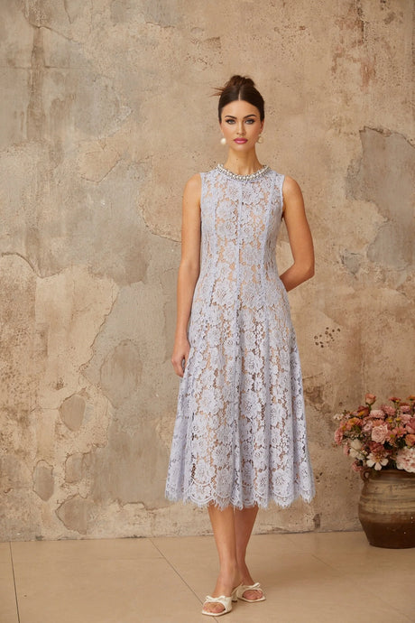 A blue midi dress with floral lace pattern and embellishments named Lison