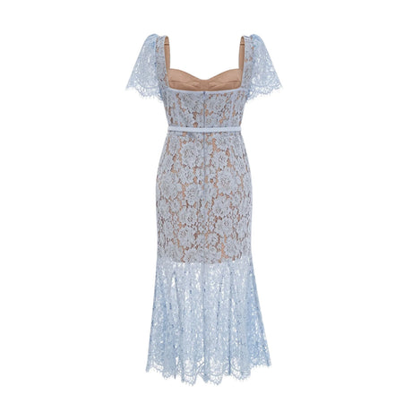 A blue midi dress with floral lace pattern featuring a boned bodice and named Audrey