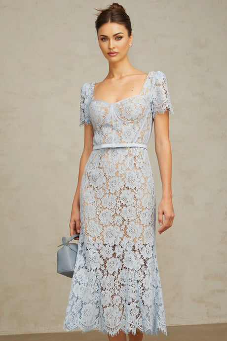 A blue midi dress with floral lace pattern featuring boned bodice and Audrey style design