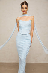 A blue twopiece outfit featuring a ruched tulle top and matching skirt set named Lea