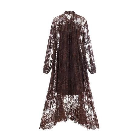 A brown flared midi dress made of chantilly lace named Sylvie featuring a fitted bodice and flowing skirt