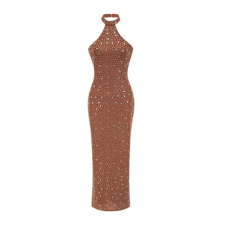 A brown long maxidress with a halter neck design featuring decorative details and a figurehugging silhouette
