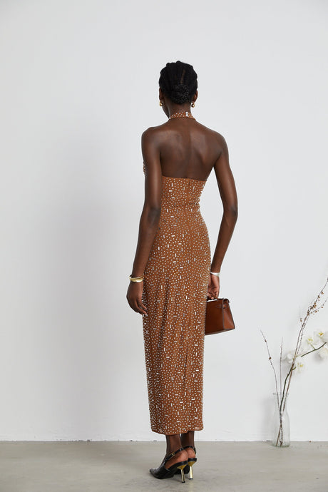 A brown long Neckholder maxi dress with decorative details and a figure hugging fit