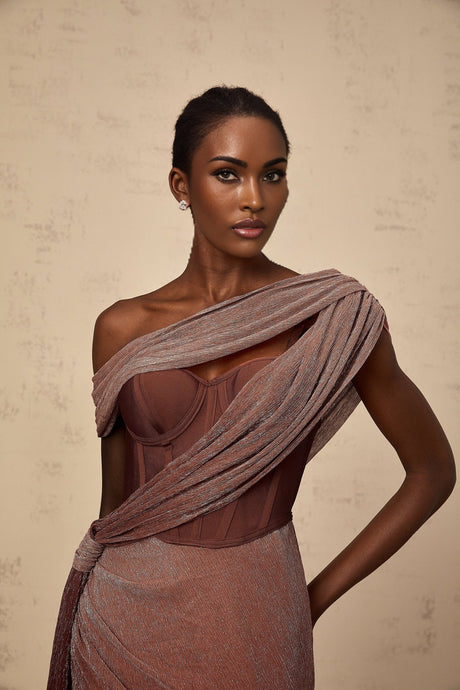 A brown maxi dress with a corset bodice featuring a ribbon design and long skirt named Delphine