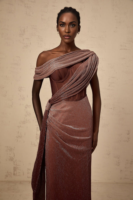 A brown maxi dress with a corsetstyle bodice featuring a ribbon design named Delphine The dress has a long flowing skirt and likely accentuates the waist