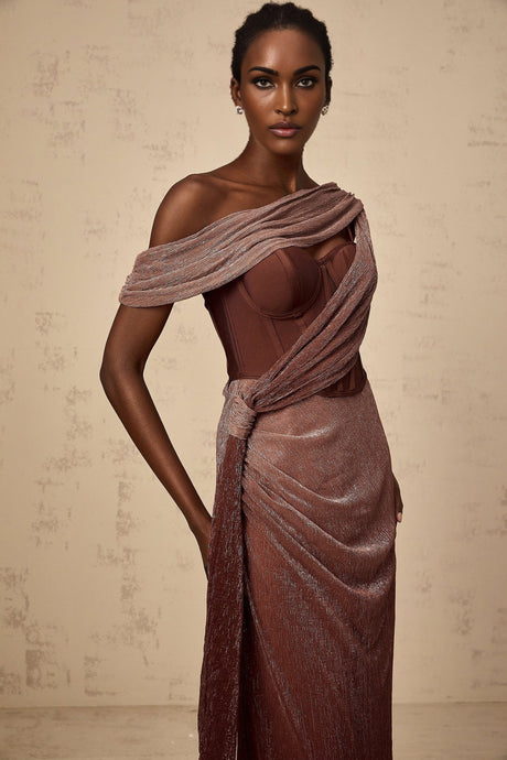 A brown maxi dress with a corsetstyle bodice featuring ribbon detailing and a long flowing skirt