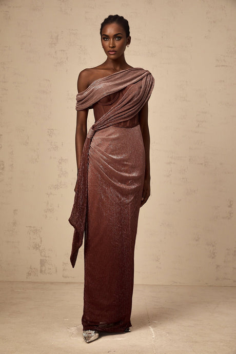 A brown maxi dress with a corsetstyle bodice featuring ribbon detailing and a long flowing skirt