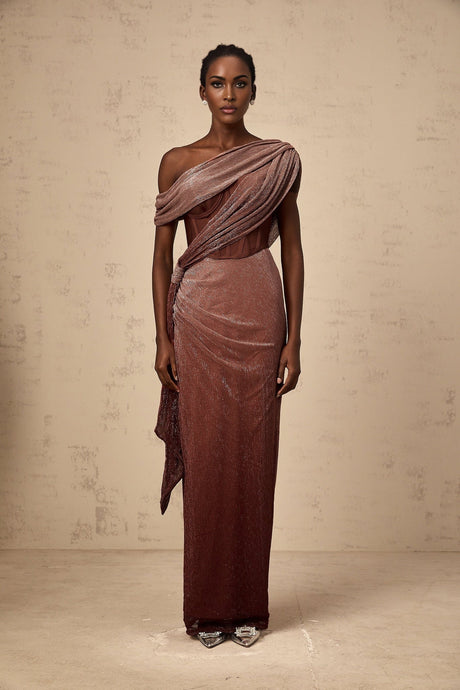 A brown maxi dress with a corsetstyle top featuring ribbon design details and a long flowing skirt
