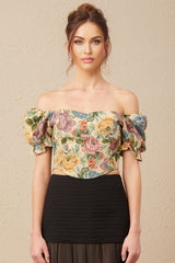 A cropped top with a floral print pattern in jacquard fabric featuring a design called Constance