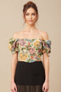 A cropped top with a floral print pattern in jacquard fabric featuring a design called Constance