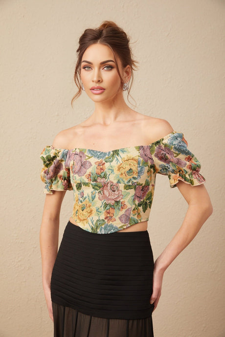 A cropped top with a floral print pattern in jacquard fabric featuring a design called Constance