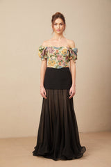 A cropped top with a floral print pattern in jacquard fabric named Constance