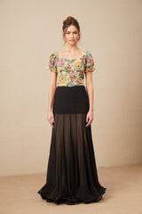 A cropped top with a floral print pattern on jacquard fabric named Constance