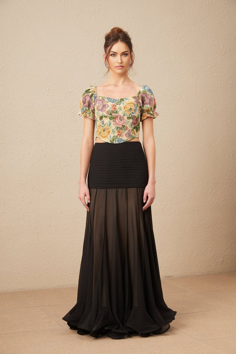 A cropped top with a floral print pattern on jacquard fabric named Constance