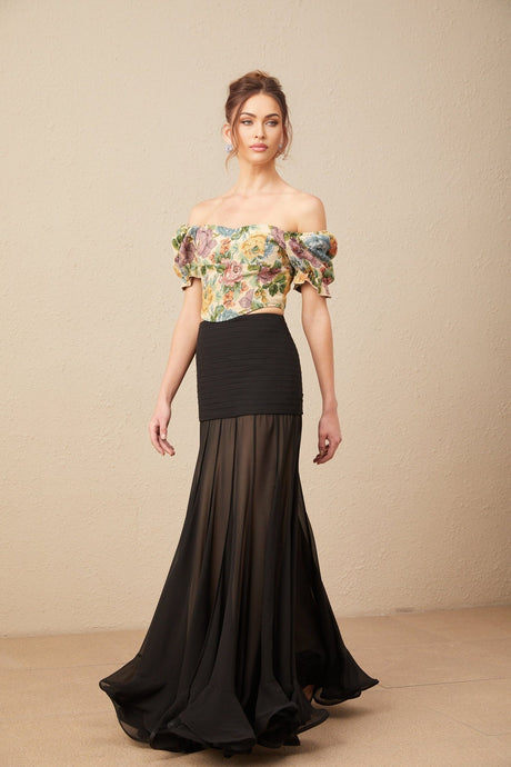 A cropped top with a floral print pattern on jacquard fabric named Constance