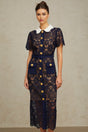 A dark blue midi dress with a floral crochet lace pattern covering the entire garment