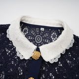 A dark blue midi dress with floral crochet lace pattern Ariane style