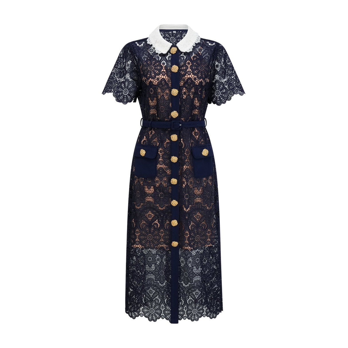 A dark blue midi dress with floral crochet lace pattern featuring an intricate design throughout the garment