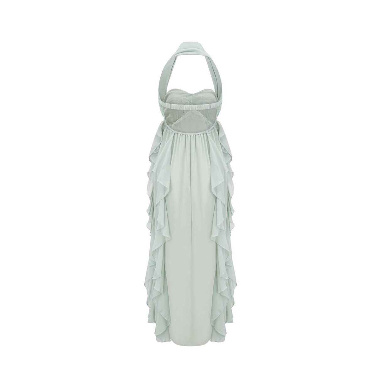 A elegant midi dress with ruffled details and embellishments named Salilah