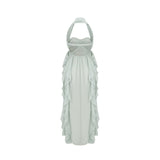 A elegant midi dress with ruffled details and embellishments named Salilah