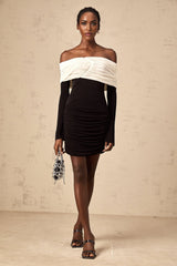A fitted mini dress with colorblocking design featuring ruched details named Angelique