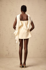 A flared mini dress with a ribbon design pattern named Danae shown on a model or mannequin