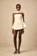 A flared mini dress with ribbon design details named Danae featuring a short hemline and likely a fitted bodice with flared skirt silhouette