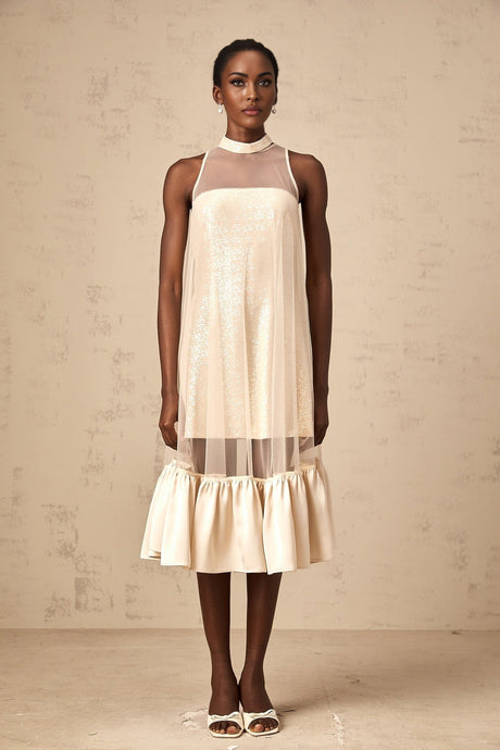 A floorlength layered midi dress with a tulle panel and sequin embellishments named Josette
