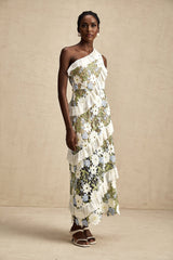 A floral embroidered midi dress in a light color with a feminine silhouette and delicate flower pattern