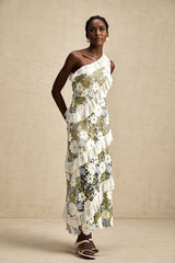 A floral embroidered midi dress named Clemence with a delicate pattern and feminine silhouette