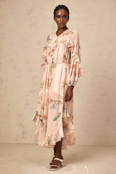 A floral patterned midi dress with ruffled trim details named Patricia