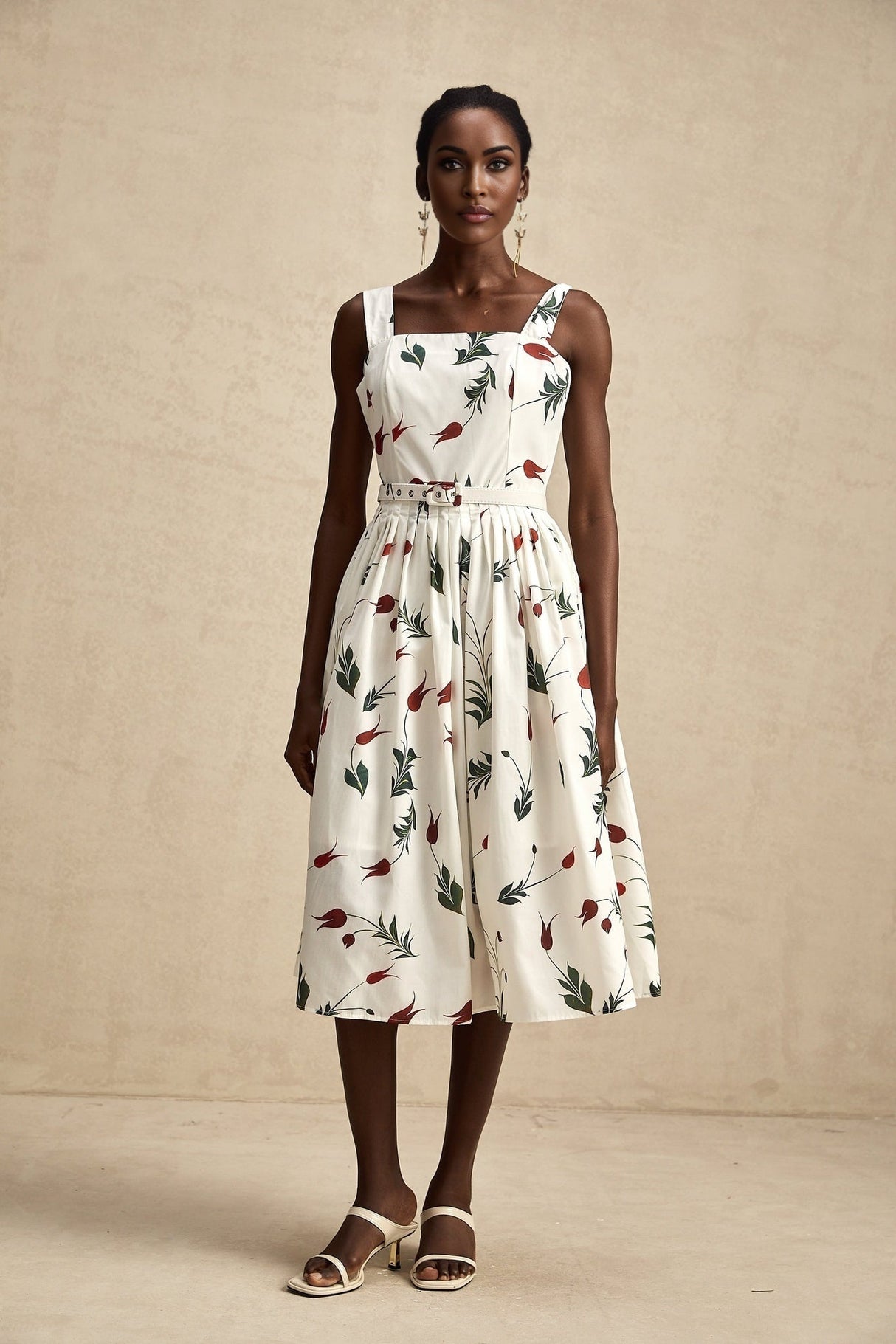 A floral print midi dress with a poplin fabric featuring a white background and colorful flower pattern throughout