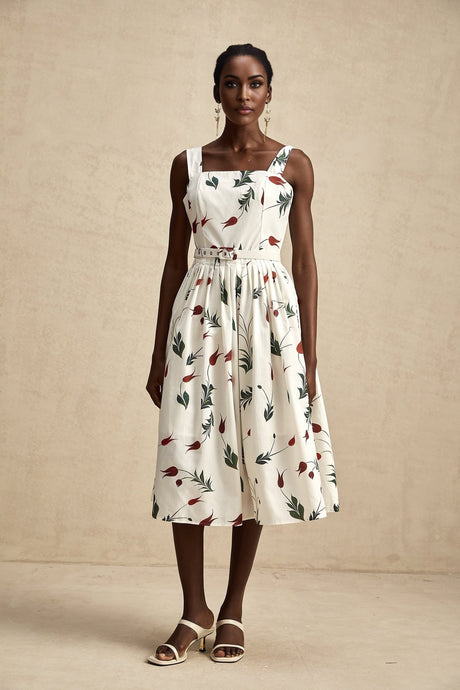 A floral print midi dress with a poplin fabric featuring a white background and colorful flower pattern throughout
