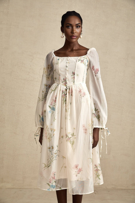 A floral print midi dress with a square neckline named Anne