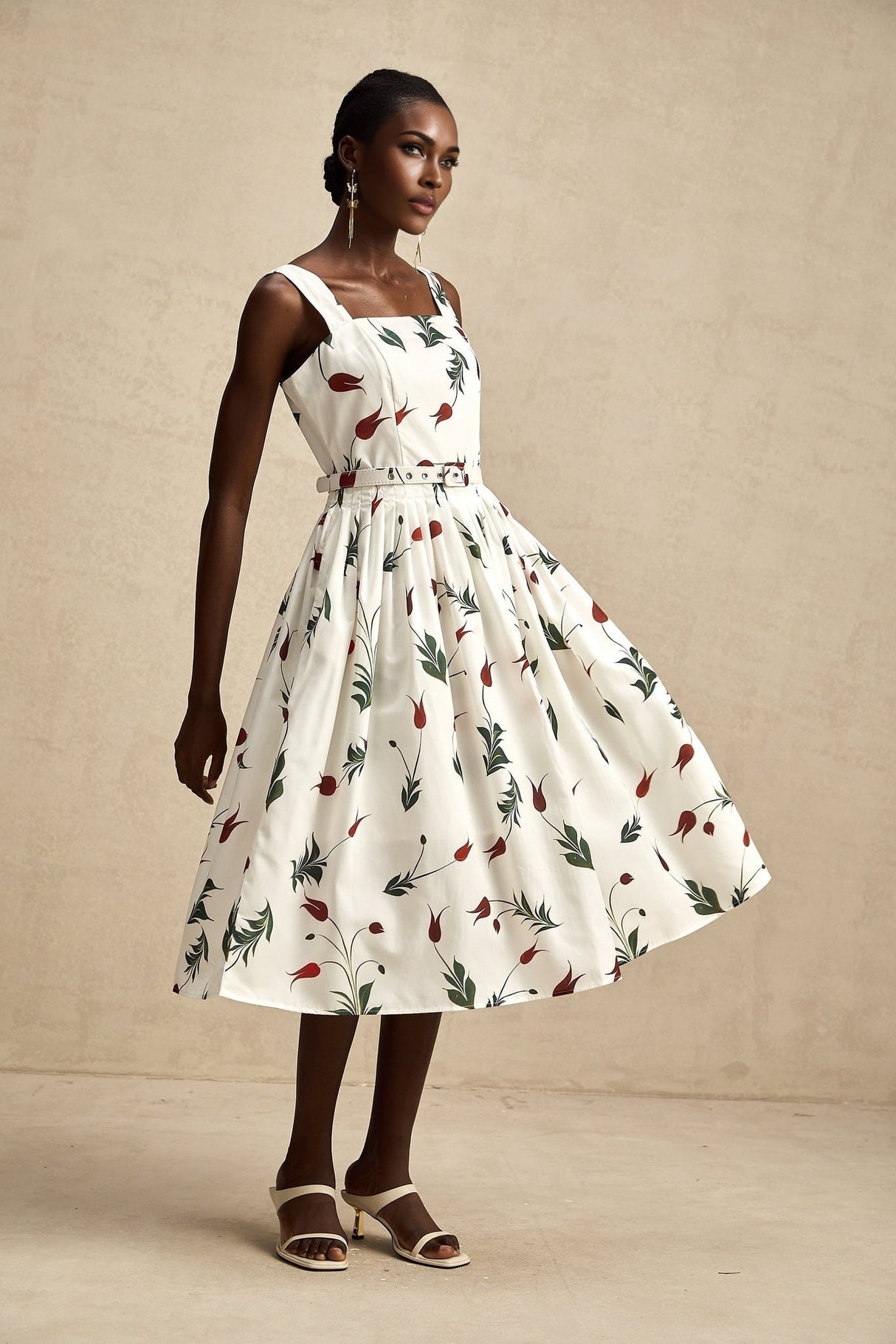 A floral print midi dress with a white background and colorful flower pattern featuring long sleeves and a flowy skirt