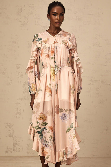 A floral print midi dress with ruffled trim details named Patricia