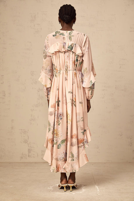 A floral print midi dress with ruffled trim named Patricia featuring a feminine silhouette and delicate pattern