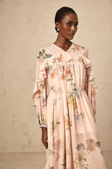 A floral printed midi dress with ruffled trim details named Patricia