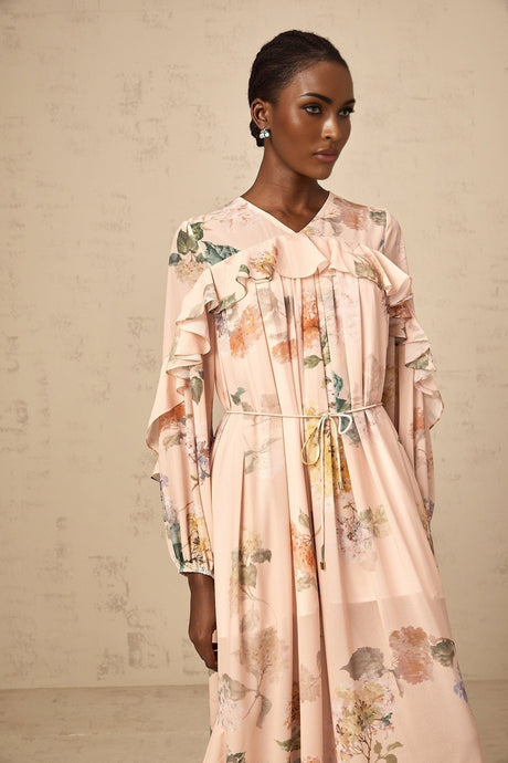 A floral printed midi dress with ruffled trim details named Patricia