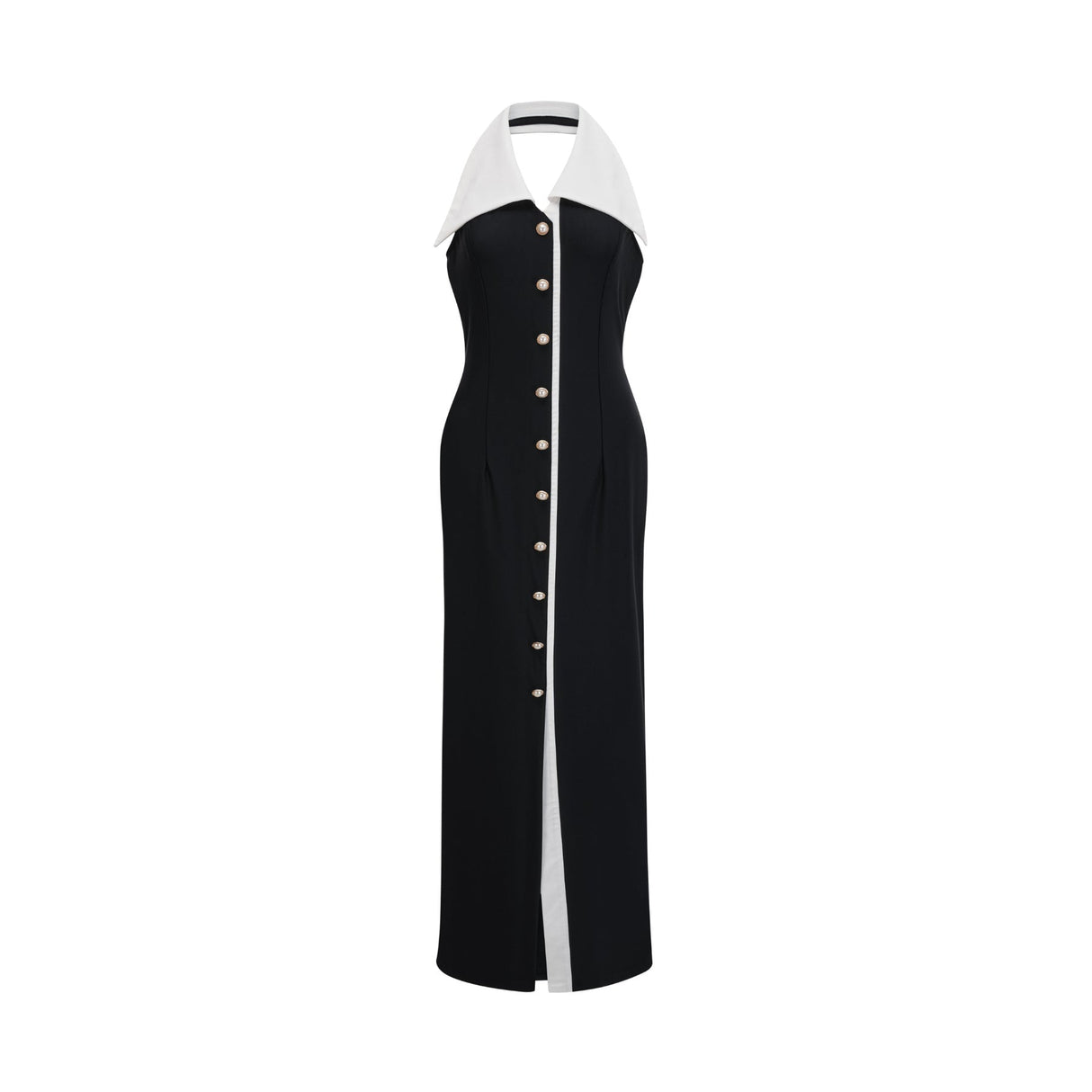 A formfitting maxi dress with colorblocking design featuring the name Alessandra