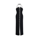 A formfitting maxi dress with colorblocking design featuring the name Alessandra